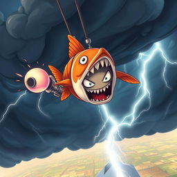A Fortnite character, designed as a screaming fish skin, is dramatically falling towards the ground from a soaring skybase