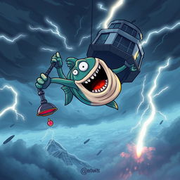 A Fortnite character, designed as a screaming fish skin, is dramatically falling towards the ground from a soaring skybase