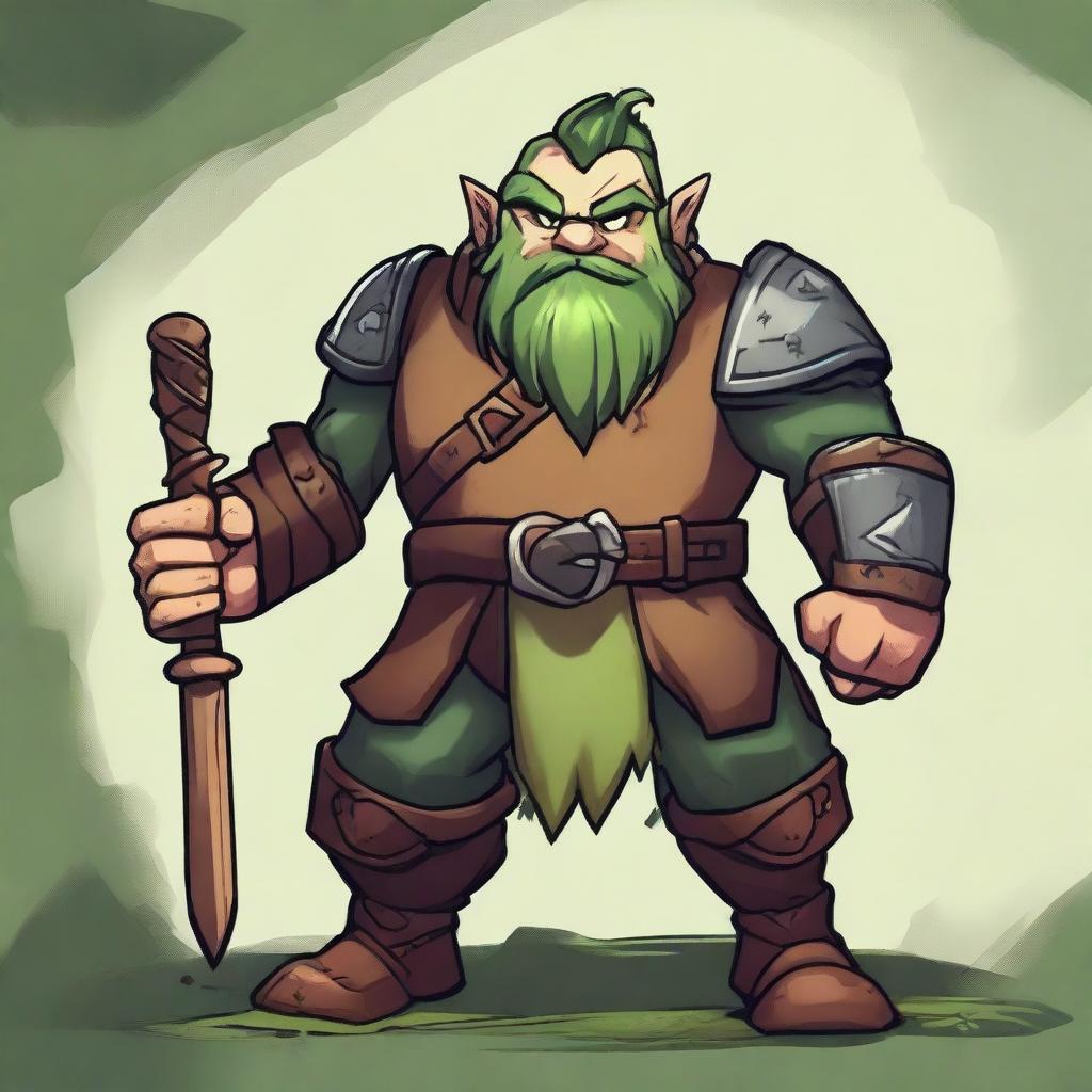 A tan-skinned male dwarf with mossy green hair