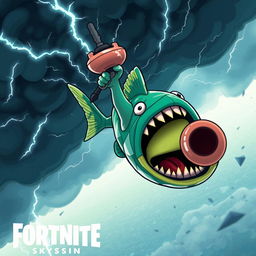 A Fortnite character, designed as a screaming fish skin, is dramatically falling towards the ground from a soaring skybase