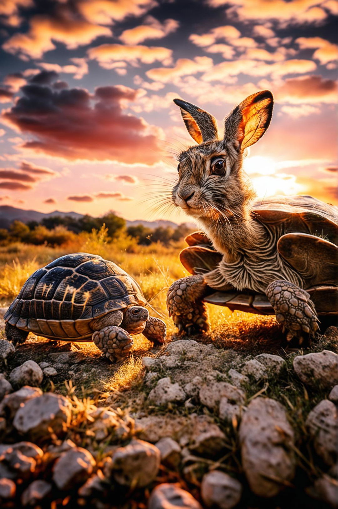 HD wildlife photograph of a tortoise and a hare during golden hour with a brilliant sky.