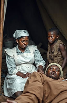 A compelling historical scene depicting a Civil War nurse tending to a wounded soldier in a makeshift battlefield hospital