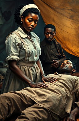 A compelling historical scene depicting a Civil War nurse tending to a wounded soldier in a makeshift battlefield hospital