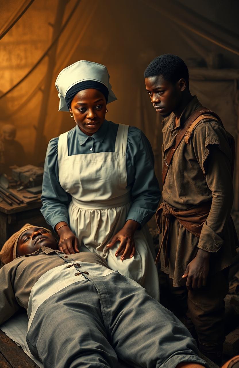 A compelling historical scene depicting a Civil War nurse tending to a wounded soldier in a makeshift battlefield hospital