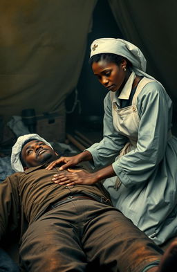 A compelling historical scene depicting a Civil War nurse tending to a wounded soldier in a makeshift battlefield hospital