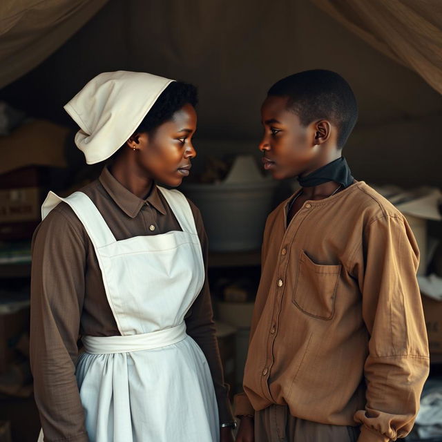 A poignant moment captured between a Civil War nurse and a young Black slave, both sharing a deep, empathetic gaze