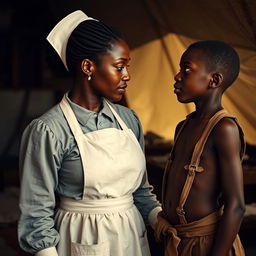 A poignant moment captured between a Civil War nurse and a young Black slave, both sharing a deep, empathetic gaze