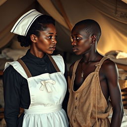 A poignant moment captured between a Civil War nurse and a young Black slave, both sharing a deep, empathetic gaze