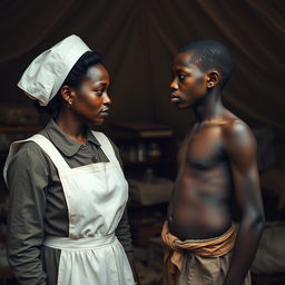 A poignant moment captured between a Civil War nurse and a young Black slave, both sharing a deep, empathetic gaze