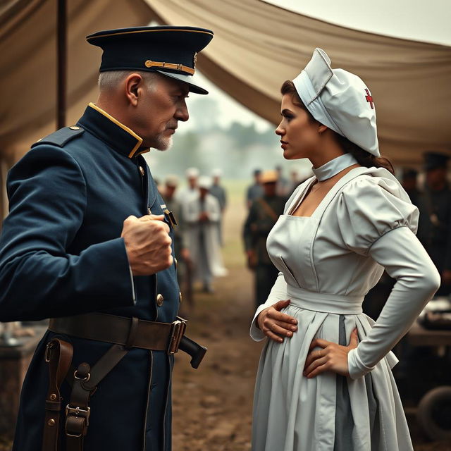 An intense face-off between a stern Civil War general and a determined white nurse set against the backdrop of a battlefield hospital