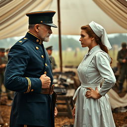 An intense face-off between a stern Civil War general and a determined white nurse set against the backdrop of a battlefield hospital