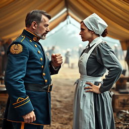 An intense face-off between a stern Civil War general and a determined white nurse set against the backdrop of a battlefield hospital