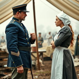 An intense face-off between a stern Civil War general and a determined white nurse set against the backdrop of a battlefield hospital