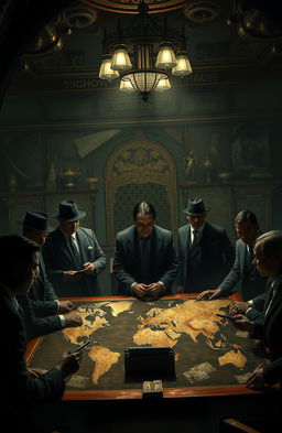 A dramatic and suspenseful scene depicting the Big Four, an international criminal syndicate, with a focus on their enigmatic leader, Li Chang Yen, a powerful Chinese man