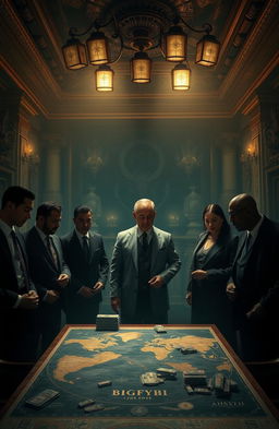 A dramatic and suspenseful scene depicting the Big Four, an international criminal syndicate, with a focus on their enigmatic leader, Li Chang Yen, a powerful Chinese man