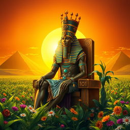 A majestic Osiris sitting on his throne, wearing a pharaoh's crown and adorned with symbols of resurrection
