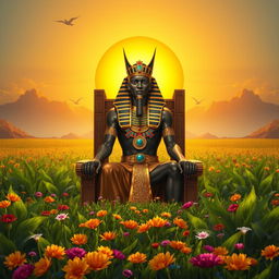 A majestic Osiris sitting on his throne, wearing a pharaoh's crown and adorned with symbols of resurrection