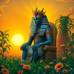 A majestic Osiris sitting on his throne, wearing a pharaoh's crown and adorned with symbols of resurrection