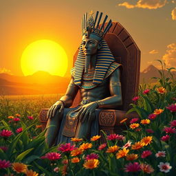 A majestic Osiris sitting on his throne, wearing a pharaoh's crown and adorned with symbols of resurrection