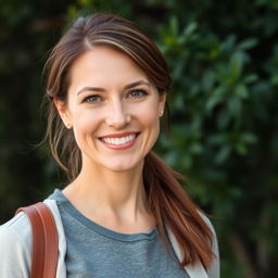 A 35-year-old woman with brown hair and European features, casually dressed in stylish, comfortable clothing