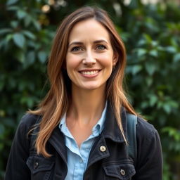 A 35-year-old woman with brown hair and European features, casually dressed in stylish, comfortable clothing