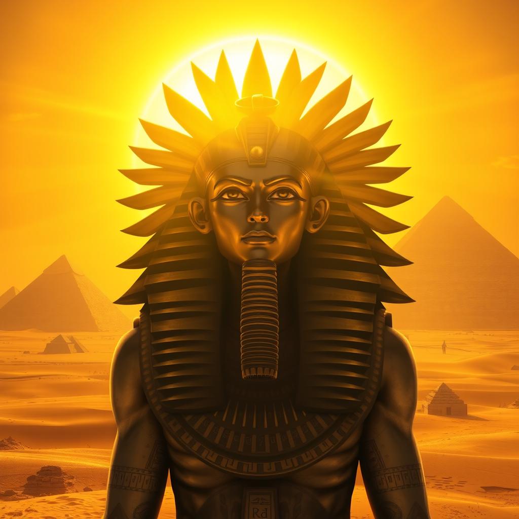 An impressive solar god Ra, depicted with a radiant solar disc above his head, illuminating the vast Egyptian desert