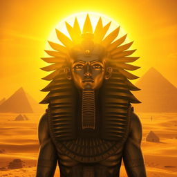 An impressive solar god Ra, depicted with a radiant solar disc above his head, illuminating the vast Egyptian desert