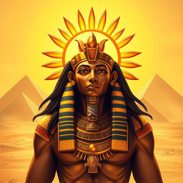 An impressive solar god Ra, depicted with a radiant solar disc above his head, illuminating the vast Egyptian desert