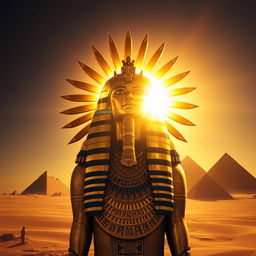 An impressive solar god Ra, depicted with a radiant solar disc above his head, illuminating the vast Egyptian desert