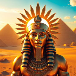 An impressive solar god Ra, depicted with a radiant solar disc above his head, illuminating the vast Egyptian desert