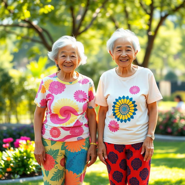 Two very tall old Chinese grannies wearing colorful leggings and cheerful t-shirts, both smiling warmly at the viewer