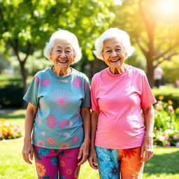 Two very tall old Chinese grannies wearing colorful leggings and cheerful t-shirts, both smiling warmly at the viewer