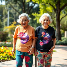 Two very tall old Chinese grannies wearing colorful leggings and cheerful t-shirts, both smiling warmly at the viewer