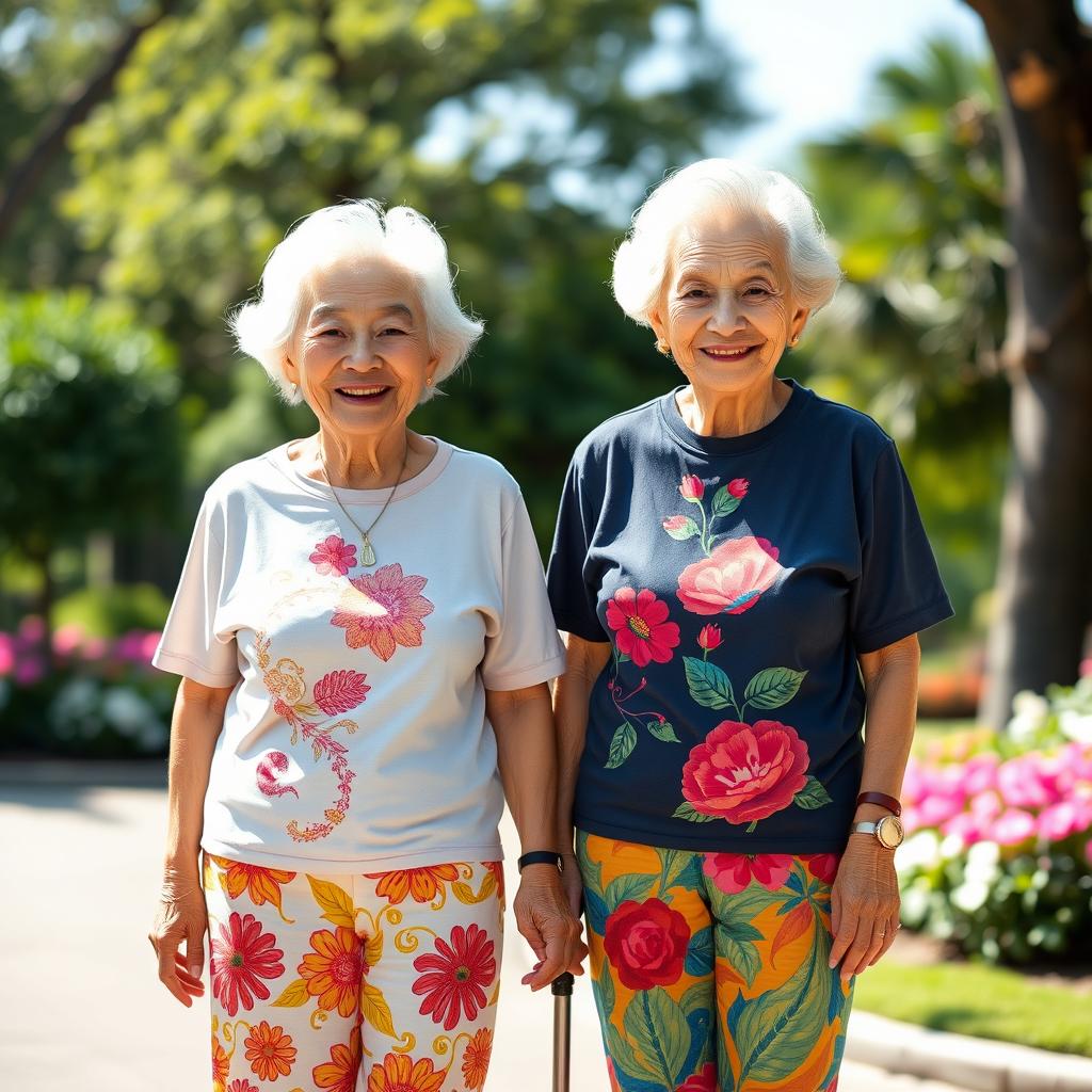 Two very tall old Chinese grannies wearing colorful leggings and cheerful t-shirts, both smiling warmly at the viewer