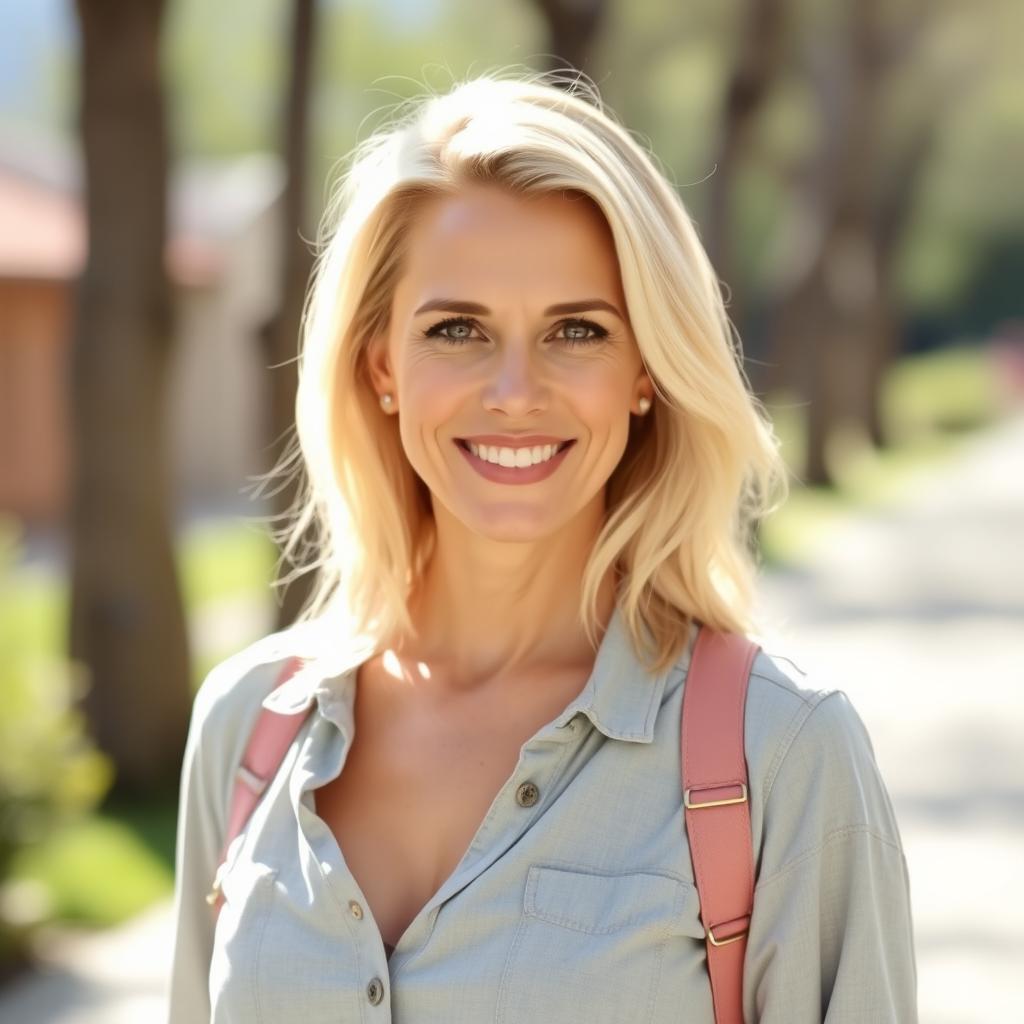 A 40-year-old woman with light blonde hair and European features, dressed in casual yet stylish clothing