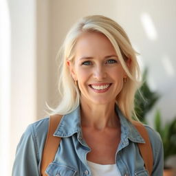 A 40-year-old woman with light blonde hair and European features, dressed in casual yet stylish clothing