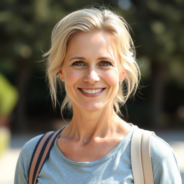 A 40-year-old woman with light blonde hair and European features, dressed in casual yet stylish clothing