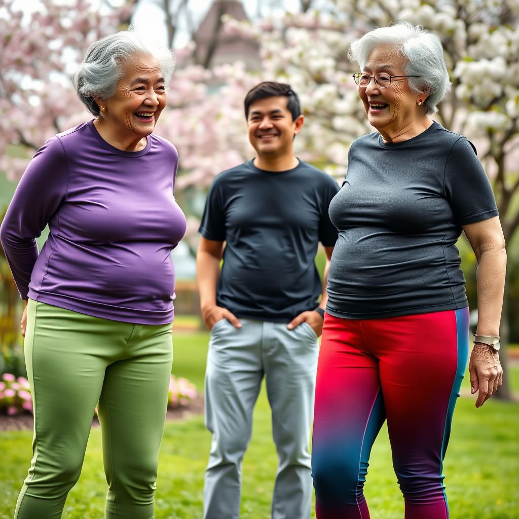 Two very tall elderly Chinese grandmothers wearing colorful, stylish leggings and fitted tight t-shirts, smiling warmly at a younger man who stands between them