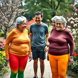 Two very tall elderly Chinese grandmothers wearing colorful, stylish leggings and fitted tight t-shirts, smiling warmly at a younger man who stands between them
