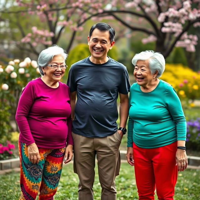 Two very tall elderly Chinese grandmothers wearing colorful, stylish leggings and fitted tight t-shirts, smiling warmly at a younger man who stands between them