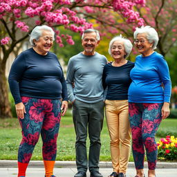 Two very tall elderly Chinese grandmothers wearing colorful, stylish leggings and fitted tight t-shirts, smiling warmly at a younger man who stands between them