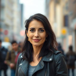 A 40-year-old woman with dark hair and European features, dressed in casual yet stylish clothing