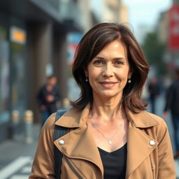 A 40-year-old woman with dark hair and European features, dressed in casual yet stylish clothing