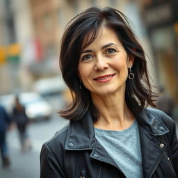 A 40-year-old woman with dark hair and European features, dressed in casual yet stylish clothing