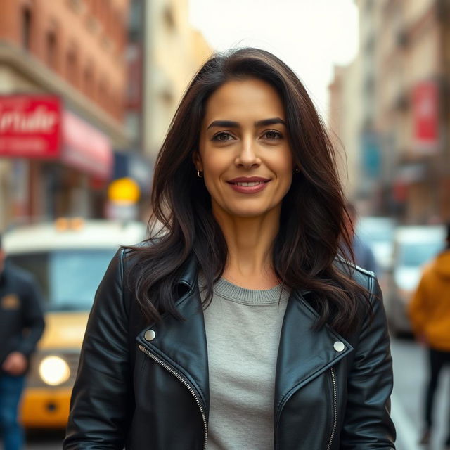 A 40-year-old woman with dark hair and European features, dressed in casual yet stylish clothing