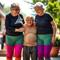 Two very tall elderly Chinese women, dressed in colorful leggings and tight-fitting t-shirts, embrace a younger man in a friendly and warm manner