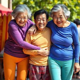 Two very tall elderly Chinese women, dressed in colorful leggings and tight-fitting t-shirts, embrace a younger man in a friendly and warm manner
