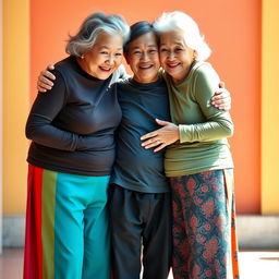 Two very tall elderly Chinese women, dressed in colorful leggings and tight-fitting t-shirts, embrace a younger man in a friendly and warm manner