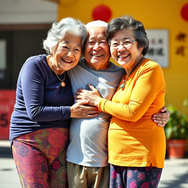 Two very tall elderly Chinese women, dressed in colorful leggings and tight-fitting t-shirts, embrace a younger man in a friendly and warm manner