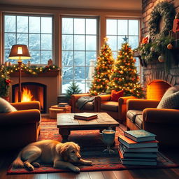 A cozy living room scene with a warm fireplace, featuring plush armchairs and a rustic coffee table